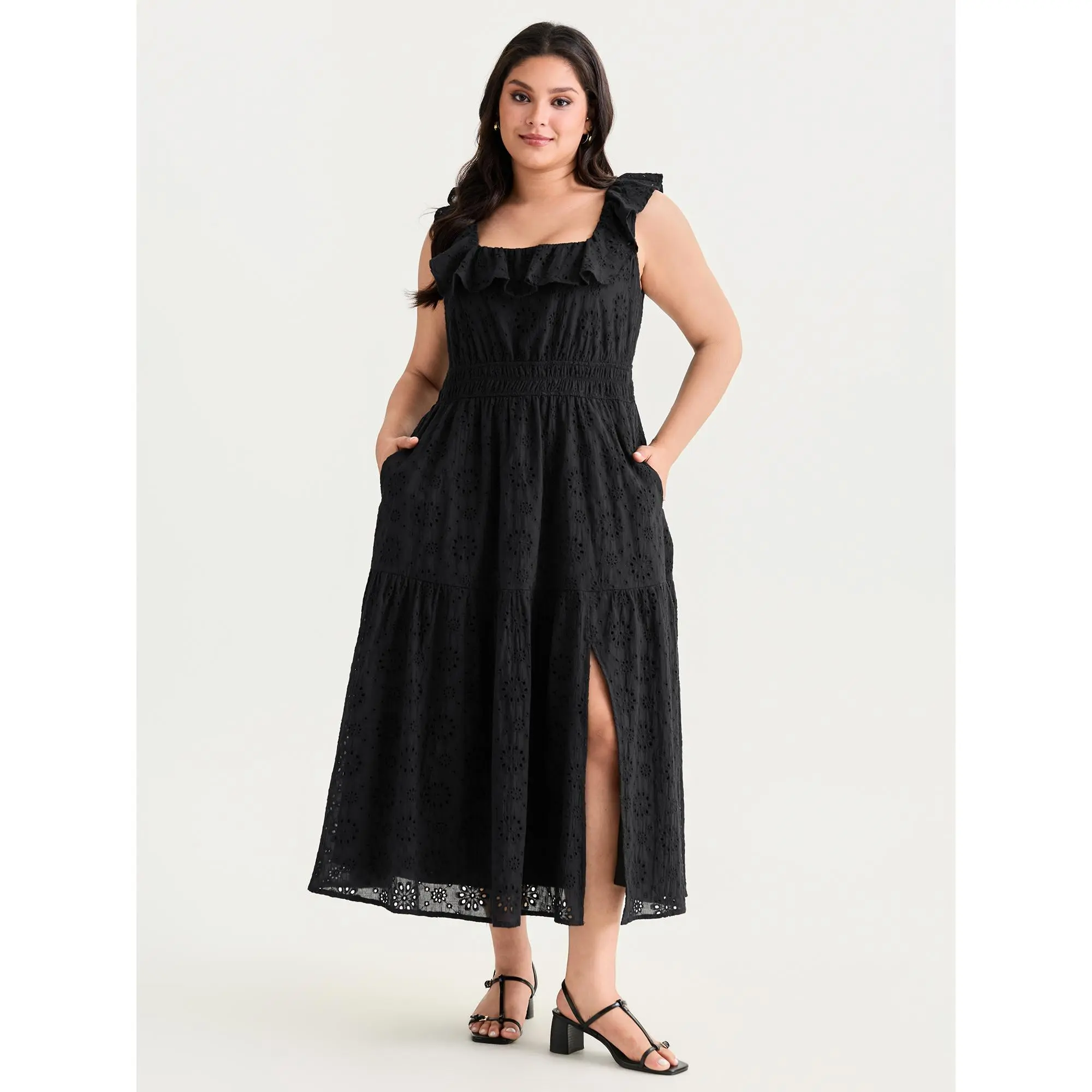 BloomChic Women's Plus Size Casual Solid Cotton Maxi Dress - Summer Fashion, Square Neck, Ruffle Short Sleeves, Side Pockets, Pull-On Smooth Garment, Curvy Clothing Fit, Ruffle Trim, Machine Washable, Sizes 10/M,12/L,14-16/1X,18-20/2X, Plus Size Clothes,