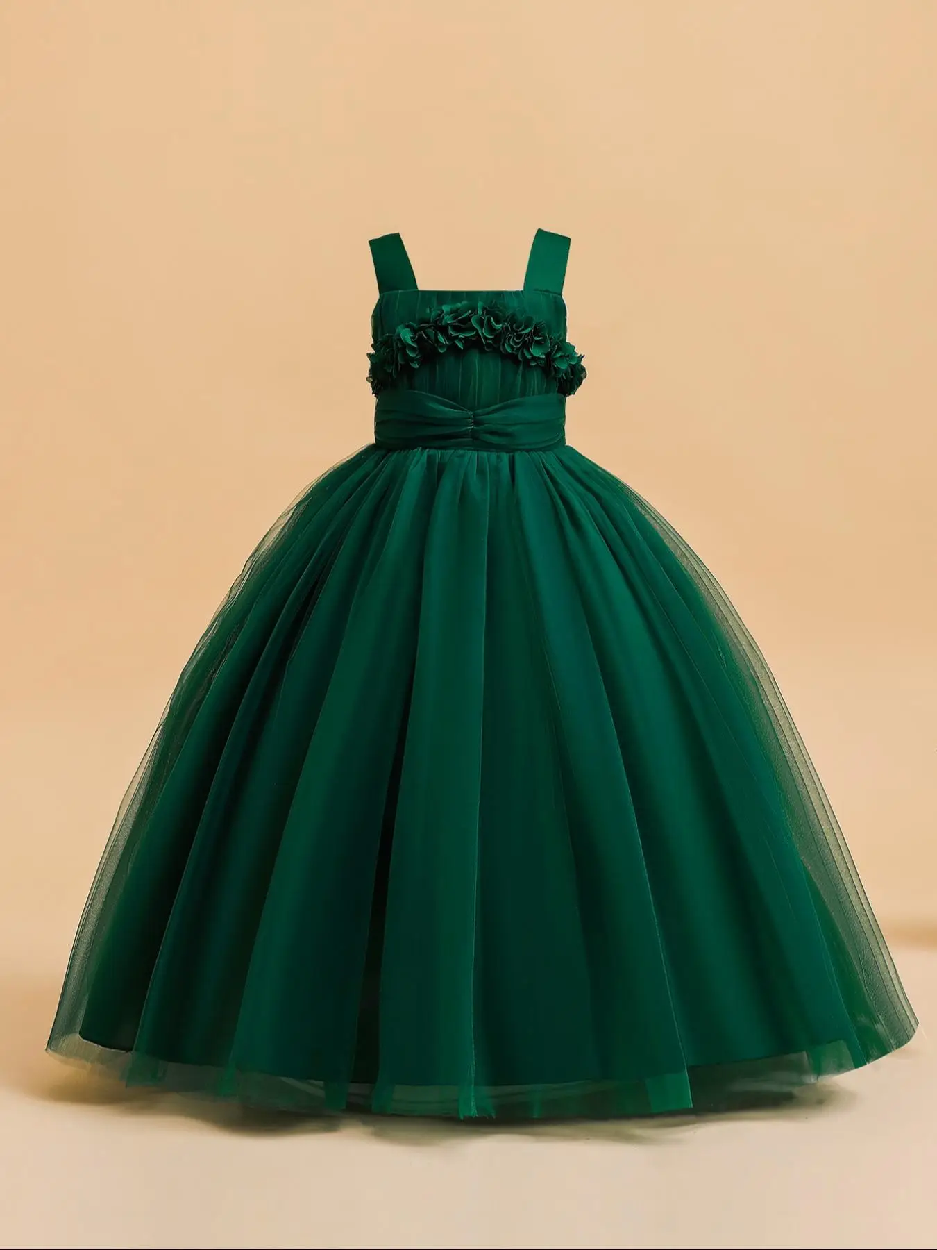 Girl's Appliques Contrast Mesh Ruched Party Dress, Elegant Sleeveless Zipper Back A Line Dress for Performance Hosting, Kids Clothes for All Seasons,