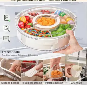 Rotating Divided Serving Tray with Lid and Handle, Snack Tray with Lid for Fruits Snacks Veggie Charcuterie Cheese – Portable for Picnic Travel Party Camping