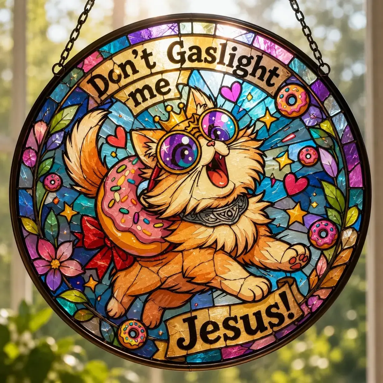 Dungeon Crawler Carl 'Don't Gaslight Me Jesus!' Princess Donut Acrylic Faux Stained Glass Window Suncatcher Artwork - Funny LitRPG Book Fan Merch, Queen Anne Chonk Feature - Hangable Home Decor Gift for Readers, Decoration