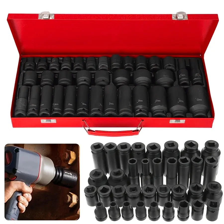 35PCS 1/2" Drive Deep Impact Socket Set 6 Point Sockets Spindle Axle Nut Garage Workshop Car Auto Truck Repair Hand ToolsMetric Garage Workshop Tools,Heavy Duty Impact Socket Set with Portable Case, Red