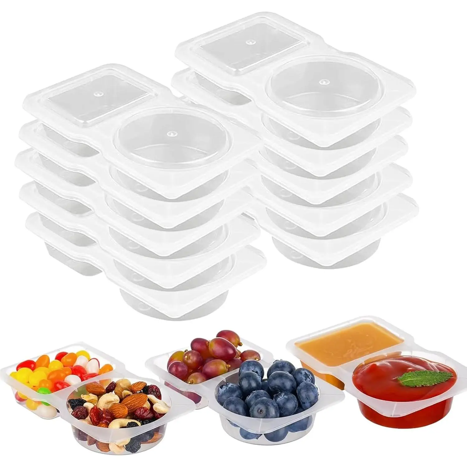 10 count Double Compartment Condiment Container With  -  Snack Pack Containers for Take-out Sauces