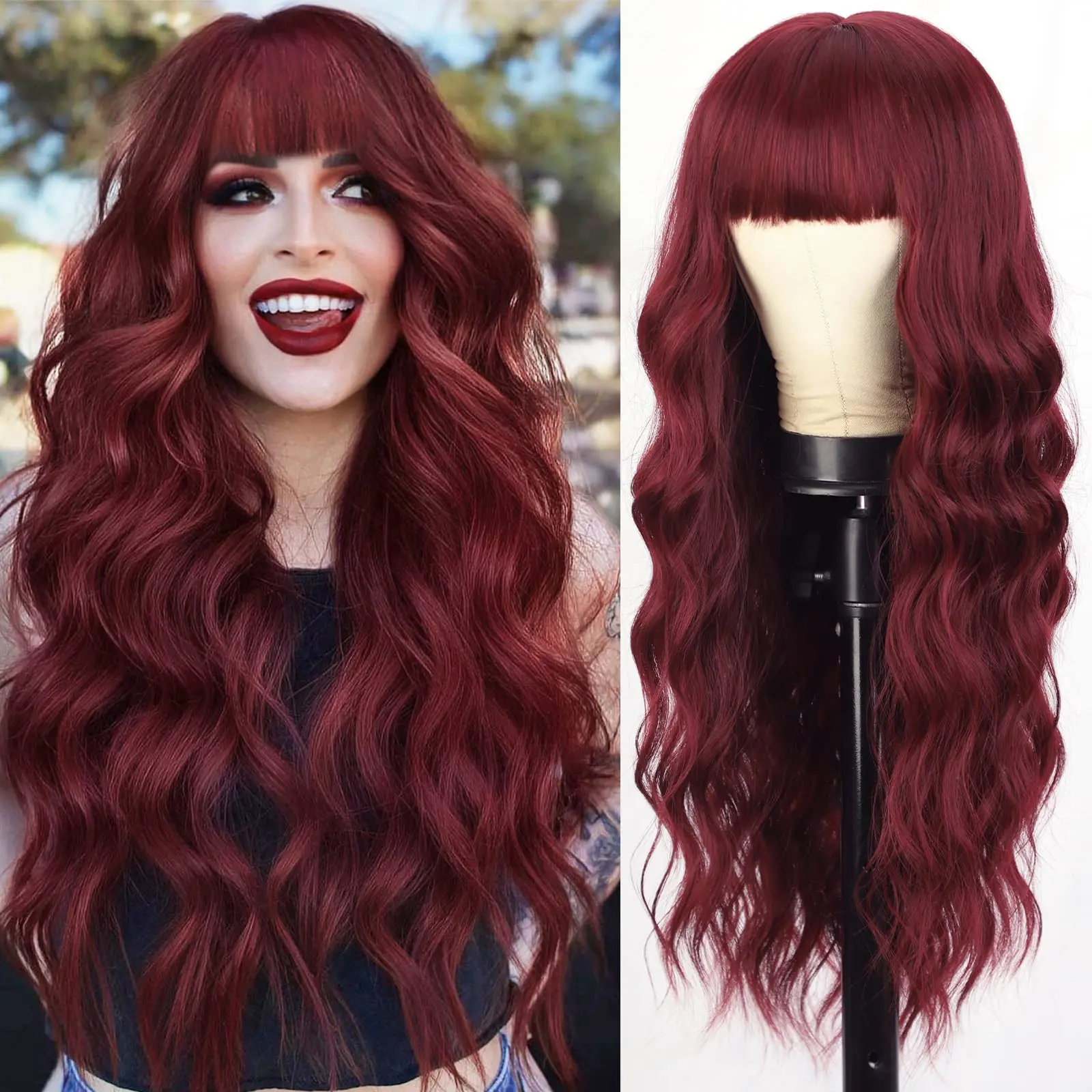 Women's Burgundy Glueless Bodywave Synthetic Fiber Wig with Bangs, Long Natural Curly Full Machine Wig for Daily, Party Use, Bodywave Wig