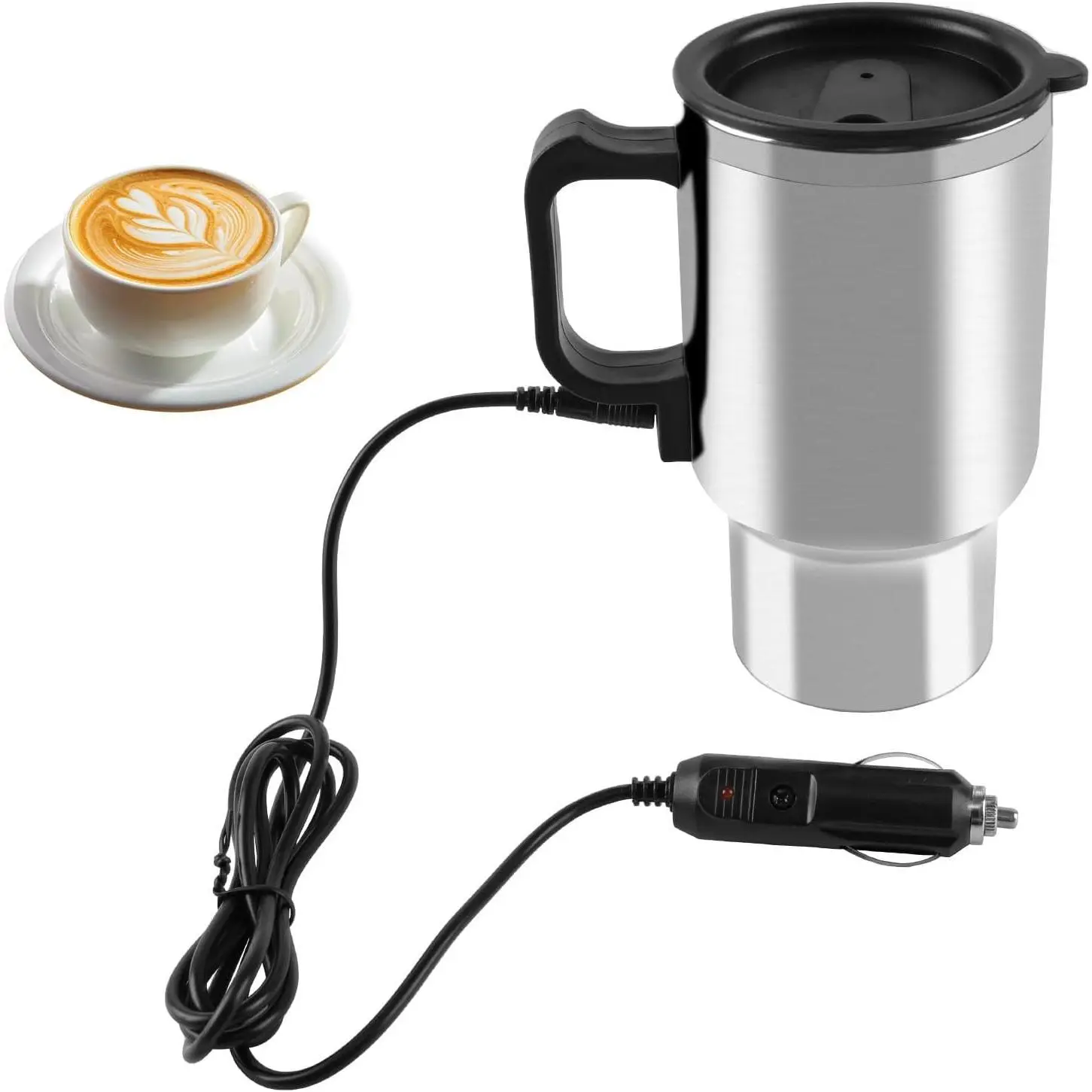 12V Stainless Steel Insulated Heating Electric Car Thermos Mug - 450ml, for Drinking Coffee, Daily Use (Silver, Stainless Steel Inner)