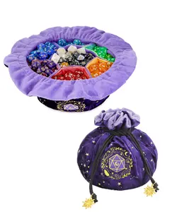 Purple Velvet Dice Bag with 7 Pockets Moon & Stars Fantasy DND Dice Bag Holds 200+ Dice Travel-Friendly Drawstring Bag for RPG MTG Tabletop Games Lover Gift Durable Velvet Material