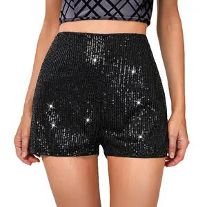 Women's Sequins Shorts Mid Waist Elastic Band Straight Leg Shorts