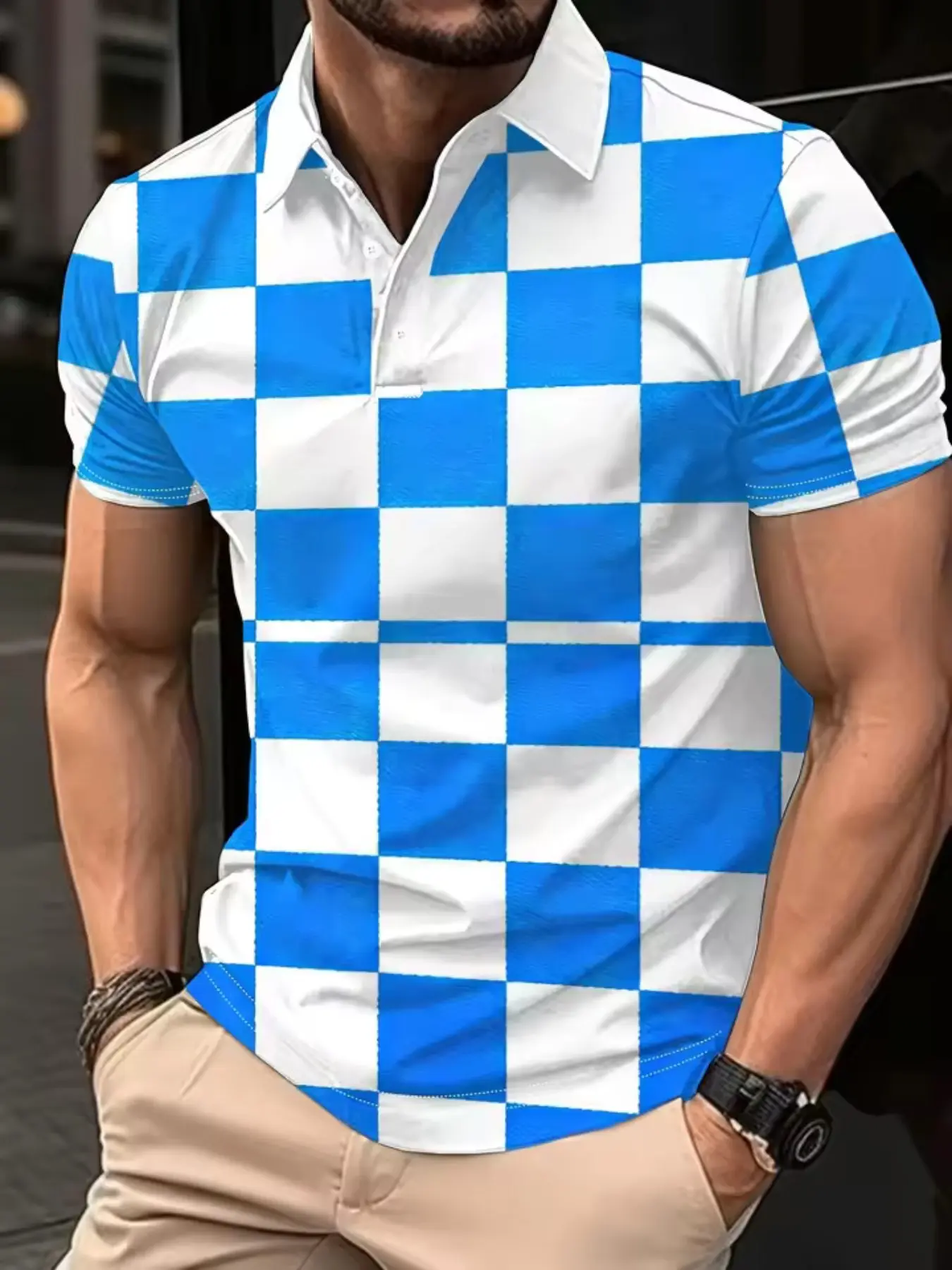 Men's Fashion Blue and Checkerboard Polo Shirt, Casual Collared, Casual Fitted Short Sleeve, Creative Art Design Print, Trendy Lapel Style