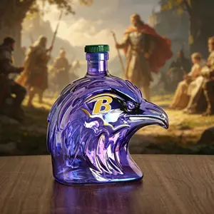 Exquisite Iridescent Eagle Head Glass Bottle, Baltimore Ravens 'b' Logo, Unique Barware & Collectible, Nfl Enthusiasts Gift, Glass Containers