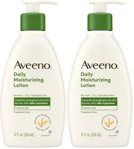 Aveeno Daily Moisturizing Body Lotion with Soothing Prebiotic Oat, Gentle Lotion Nourishes Dry Skin With Moisture, Paraben-, Dye- & Fragrance-Free, Non-Greasy & Non-Comedogenic, 12 fl. Oz (Pack of 2)