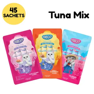 Grain-Free lickable Creamy Puree treats for cats, Tuna Mix Variety (Goat Milk, Strawberry, Salmon & Katsuobushi), Healthy Treats with Taurine & Omega-3 for Healthy Digestion (pack of 45)