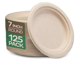Gogreen-125 Pack Plates – 7”-Brown-Disposable Dinner Plates Made of Eco-Friendly, Natural Unbleached Sugarcane Bagasse, Microwavable Plates