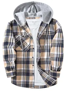 【Plus Size】 Plaid Print Button Front Drawstring Hooded Shirt, Casual Regular Fit Long Sleeve Pocket Top for Daily Wear, Men's Clothing for All Seasons