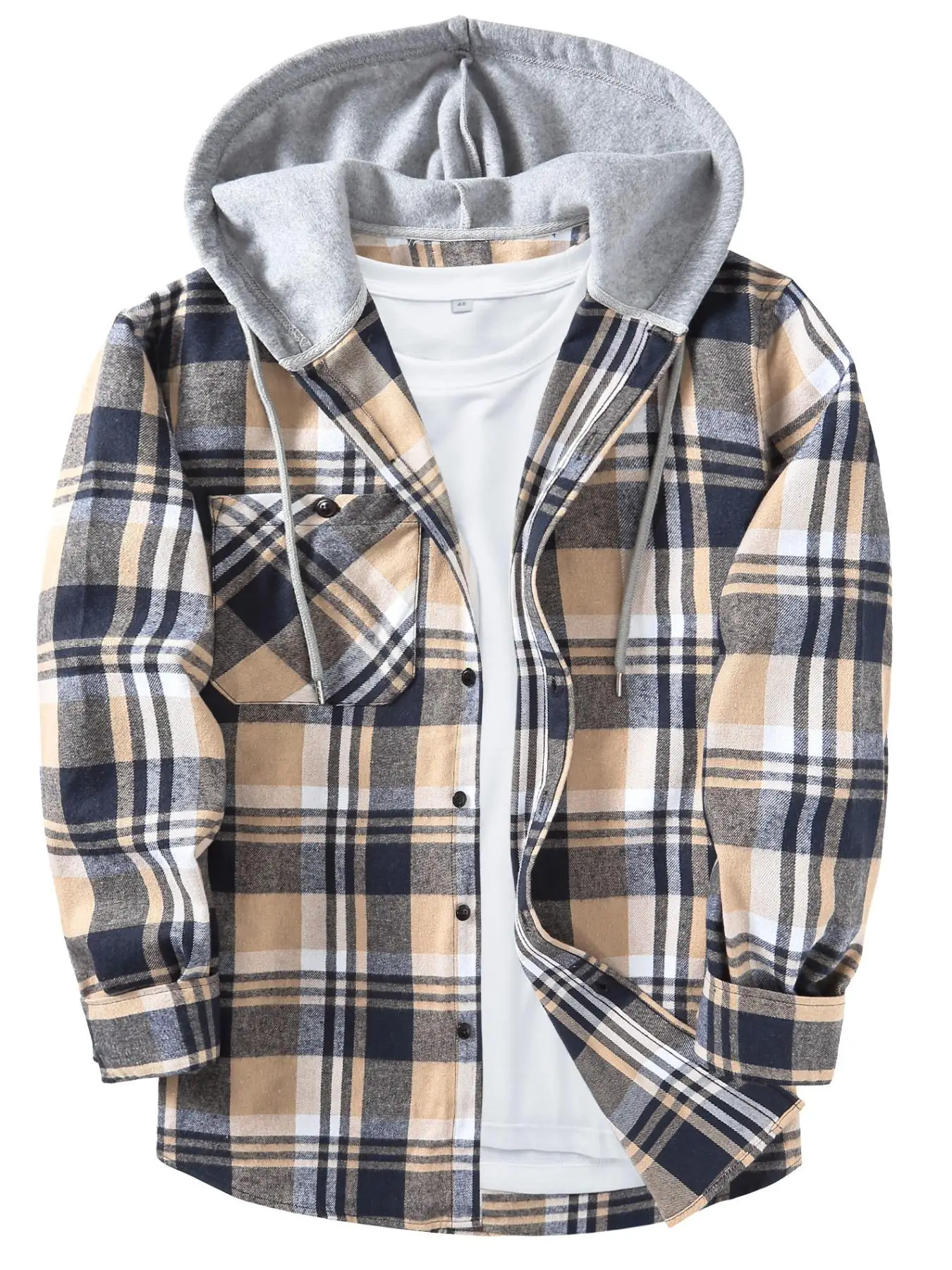 【Plus Size】 Plaid Print Button Front Drawstring Hooded Shirt, Casual Regular Fit Long Sleeve Pocket Top for Daily Wear, Men's Clothing for All Seasons