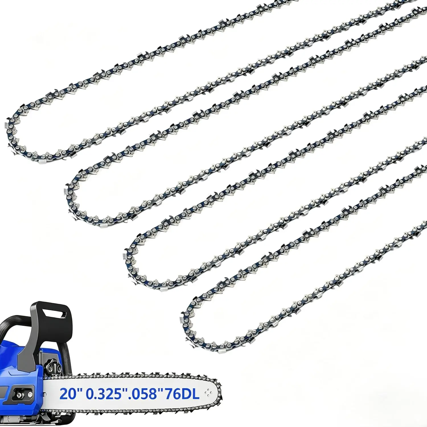 4 Pack Chainsaw Chain (20-Inch) - Chain Parameters: 0.325" Pitch, .058" Gauge, 76 DL, Hardened Rivets, Deeper Gullets, Flat Surfaces - Compatible with 58cc/62cc Models, Vevor, Supmix, Blue Max 53543/8902/52209, NEOTEC, OEM Part Numbers