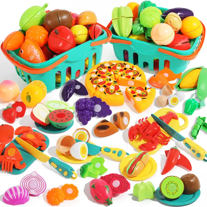 Unisex BPA-Free ABS Plastic Toddler Kitchen & Food Toys, 100-Pcs Nontoxic Fruit & Vegetable Cutting Set with 2 Baskets, Learning Fun Pretend Play Toys for 1+ Yrs Kids, Birthday Gift
