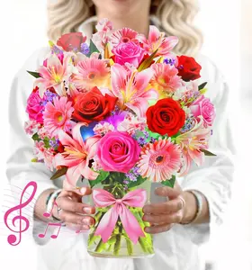 Mothers Day Card, Flower Birthday Cards, Anniversary Greeting Card with Music & Lights, Lily Daisy Carnations, Paper 3D Pop Up Bouquet Cards for Mom Wife Women as Holiday Mother's Day Gift