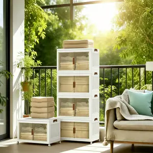 5-Tier Foldable Storage Cabinet with Wheels, Pre-Assembled Plastic Organizer Bins with Clear MagneticDouble Doors for Living Room, Kitchen, Pantry, Whit