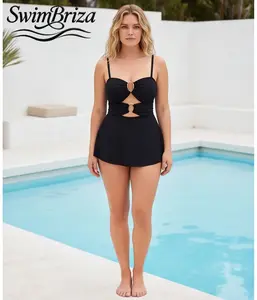 Briza｜One Piece Swimsuit For Women Plus Size Tummy Control Bathing Suit Solid Black Cutout Gold Ring Straps Skirted Shapewear Swimwear For Vacation Resort Pool Beachwear Summer, Women's Swimwear, Bathing Suit for Women, Skirted Swimwear
