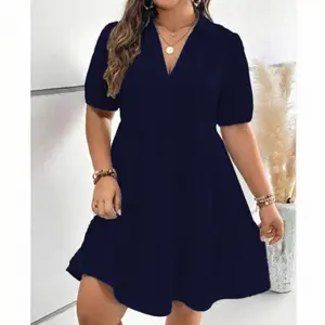 Plus Size Puff Sleeve Ruffle Hem Dress A-Line Soft Breathable Fabric Vneck Short Sleeve Curvy Fashion Summer Chic Navy