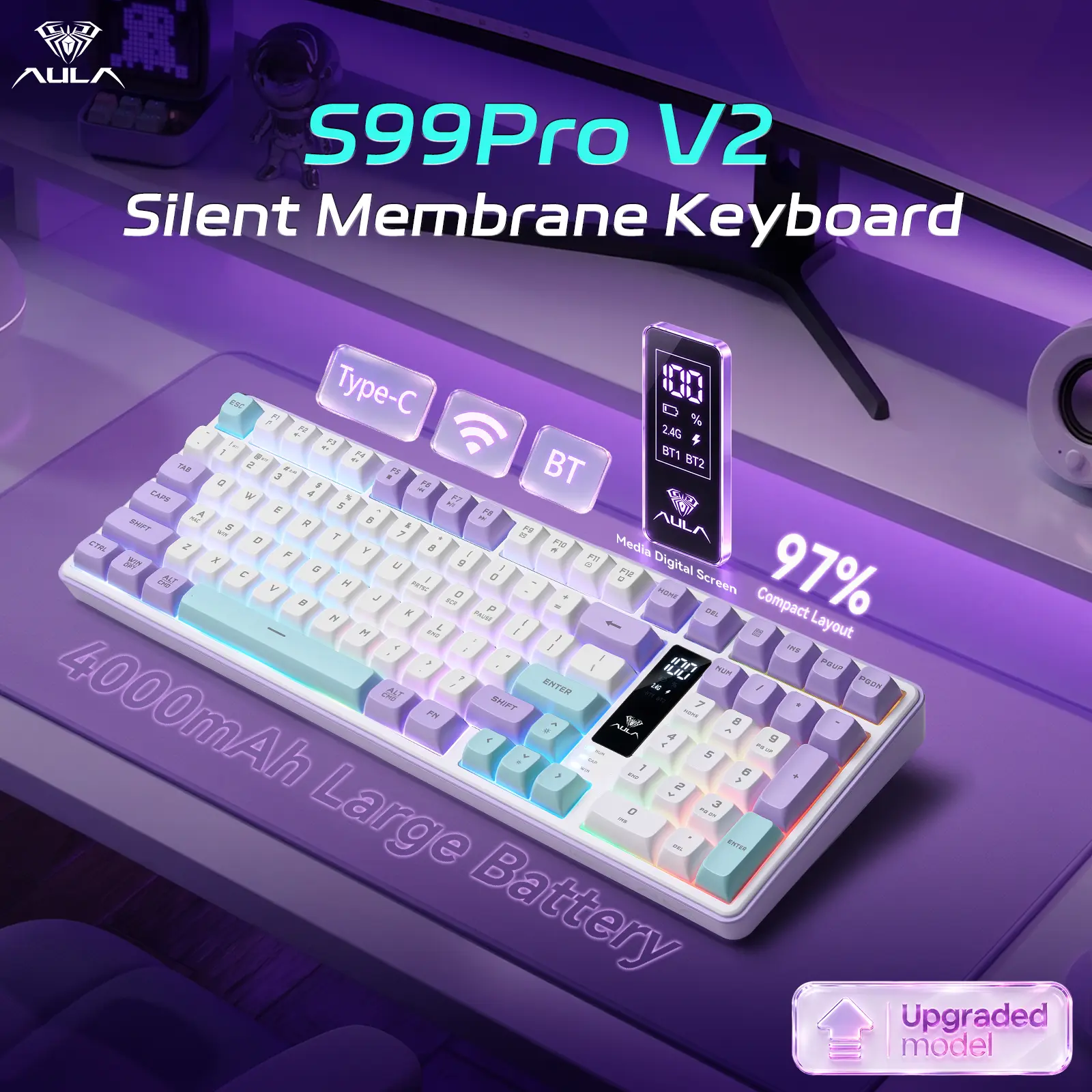 【Upgraded Silent 】Aula S99pro V2 Wireless Gaming Keyboard,Silent Computer Keyboards,Creamy Membrane Keyboard with Number Pad,Tri-Mode Bluetooth/2.4GHz/USB-C,RGB Backlit,Digital Display Screen - Star Illusion Purple
