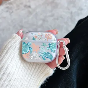 Turtle Sea Dream Pattern Protective Case for AirPods 4/3/2/1/Pro/Pro2 Soft TPU Earphone Cover, Transparent with Keychain