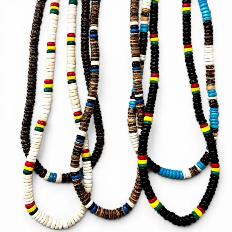 Coconut Shell Beaded Necklace Unisex Beach Boho Rasta 16 18 Inch Coastal Summer Jewelry Disc Bead Lightweight Comfortable for Men Women