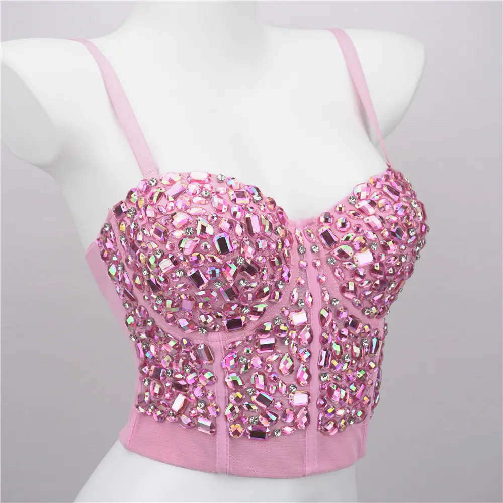 Pink Rhinestone Bustier Crop Top, Women's Handmade Sexy Sleeveless Mesh Corset with Fishbone Boning for Party Outfits, Basic
