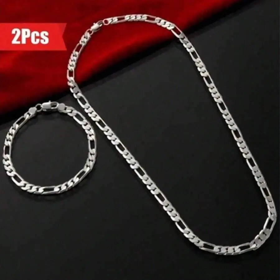 Men's 925 Silver-Plated Iron Figaro Chain Jewelry Set - Elegant Costume Fashion Accessory for Couples (Not Pure Silver), Accessories For Women, Male, Men's Accessories