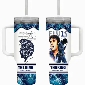 Vintage Elvi P Blue 20oz 40oz Tumbler With Handle, Rock And Roll Tumbler 40oz Large Handle Mug, Hot & Cold Insulated Cup