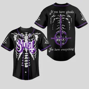 Ghost Band Baseball Jersey – Gothic Rock Metal Shirt with Skeleton & Cross Design – If You Have Ghosts You Have Everything Quote – Dark Alternative Streetwear Top for Fans & Concert Outfits