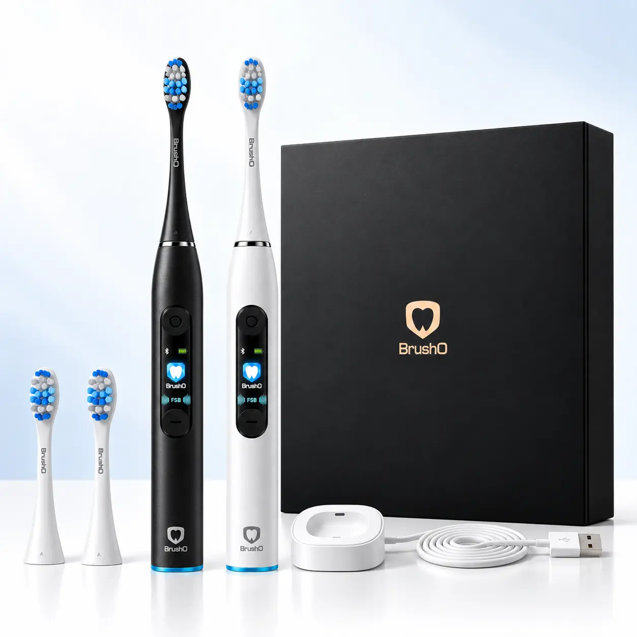 BrushO Sonic Electric Toothbrush, Rechargeable Electric Toothbrush, Deep Cleaning, 8 Brushing Modes, Pressure Sensor, Gentle Mode for Sensitive Teeth, Qi Wireless Charging, 45 Day Battery Life, App Tracking to Monitor Kids' Brushing, Christmas Gift Set