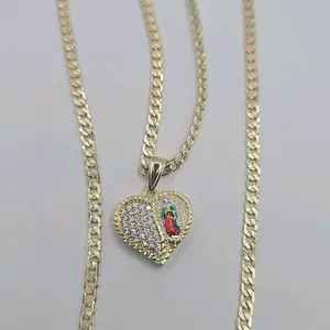Virgin Mary Heart Cuban Link Style Necklace Gold-Plated 24 Inches with Heart Pendant jewelry perfect date