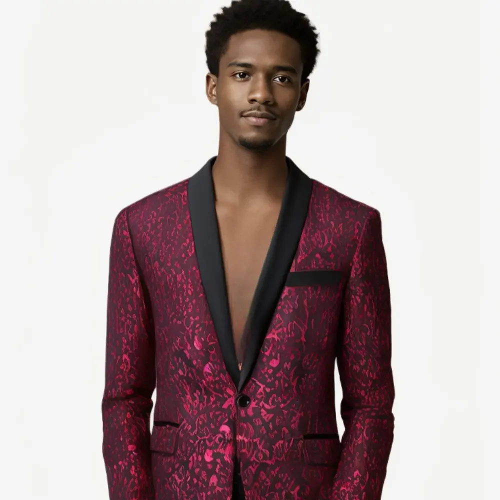 Men's Shiny Jacquard Solid Color Long Sleeve Blazer Coat - Formal Wedding Attire, Prom Jacket with Sequin Accents, Red+Black, Pocket, Formal Attire, Prom Suit, Sequin Fabric, Menswear, Multiple Pockets, Casual