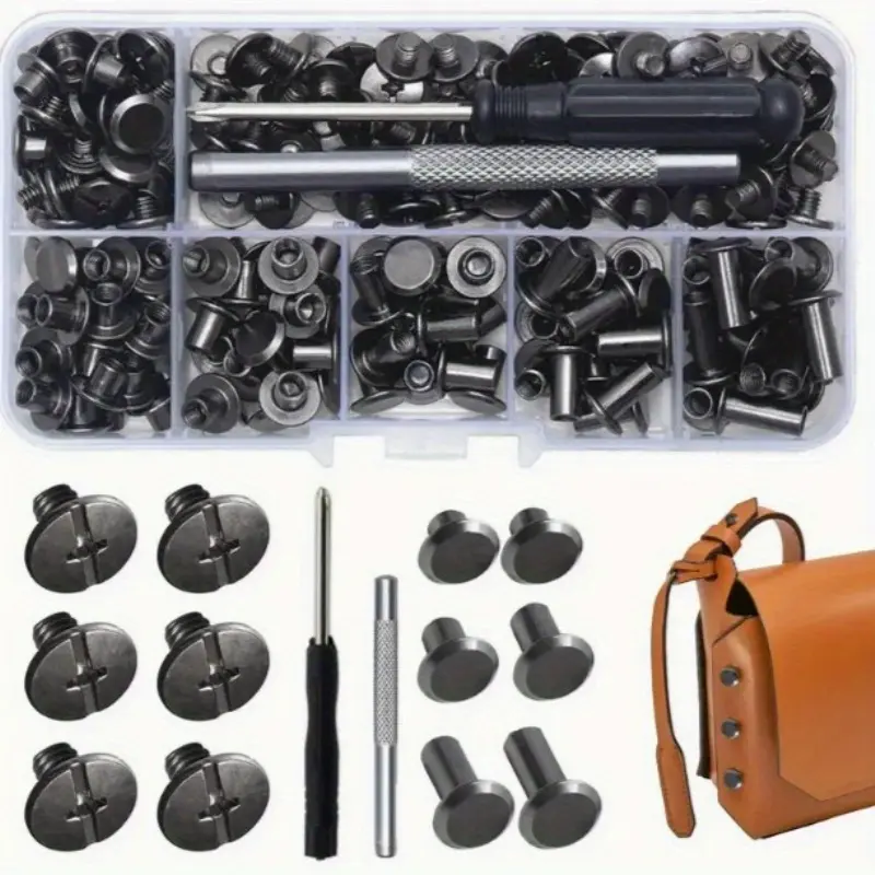 A Set of 112 Screws, Leather Rivets, Screws, Rivets, Decoration and Repair Leather Crafts, Leather Belts, Bags, Shoes, Wallets, Binding Screws