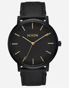 NIXON  Mens Porter Leather Black Watch, Black Gold
