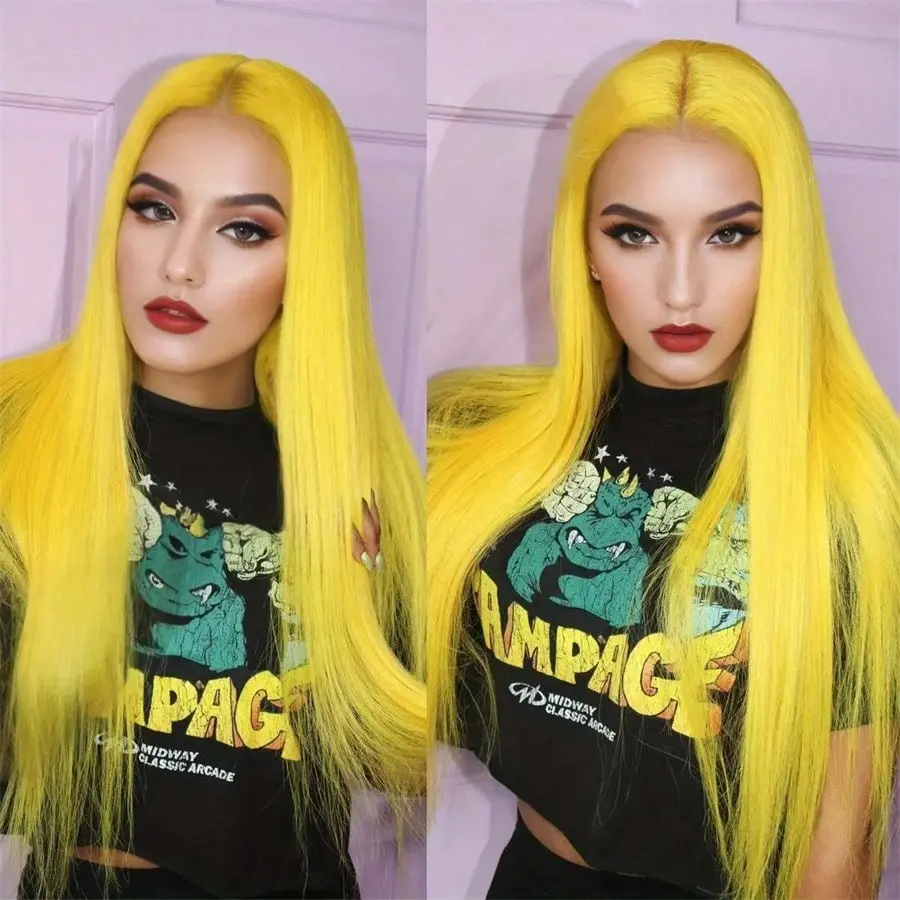 Yellow Straight Colored Lace Front Wig for Women Yellow Silky Straight Glueless Synthetic Lace Front Wigs Pre Plucked with Baby Hair Free Part Heat Resistant 13x4 Lace Front Wig