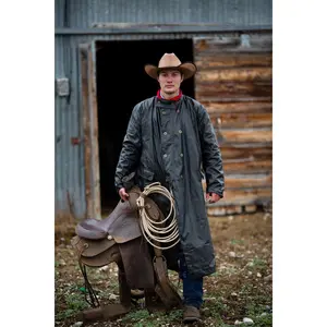 Unisex Waterproof Riding Coat, Long Sleeve Duster-Style Jacket in Acrylic Coated Cotton with High Neck Fleece Trim and Center Saddle Cut, Jackets
