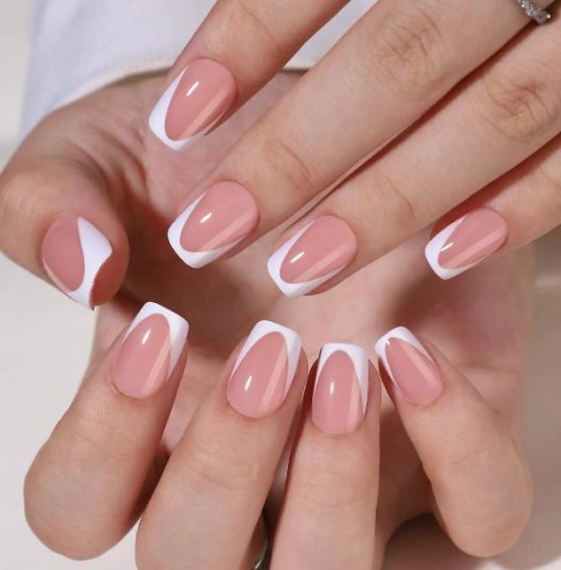Exsivia French Tip Press On Nails, Short Almond & Short Square, Salon Quality Gel Nails, 32PC Set in Different Sizes for Perfect Fit, Nail Glue Included, DIY Nails at Home