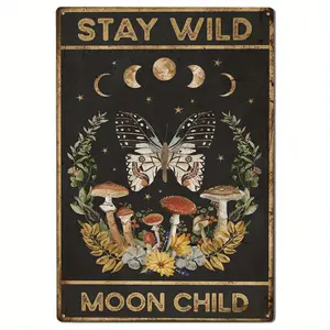 [1pc Metal Sign] Retro Hippie 1pc "Stay Wild Moon Youngsters" Enchanting Metal Sign | 12x8" Wall Art with Mushrooms, Butterfly & Floral Motifs for Bedroom, Bathroom