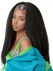 TikTok Viral Long Yaki Yaky Straight Headband Wig for Black Women Black Wigs 200% Density Headband Wigs Glueless Wig Daily Heat Resistant Long Wigs for Daily Party 16 22 30 Inches No Shedding No Tangle Free Part Hairstyle Synthetic Hair Ready to Wear