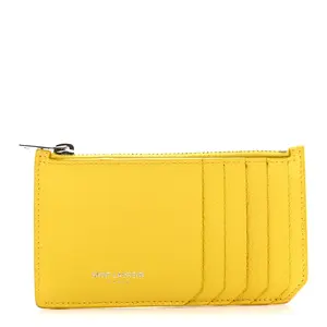 Pre-owned Yves Saint Laurent Leather Small Leather Goods Grained Calfskin 5 Fragments Zip Pouch Card Holder Sunflower
