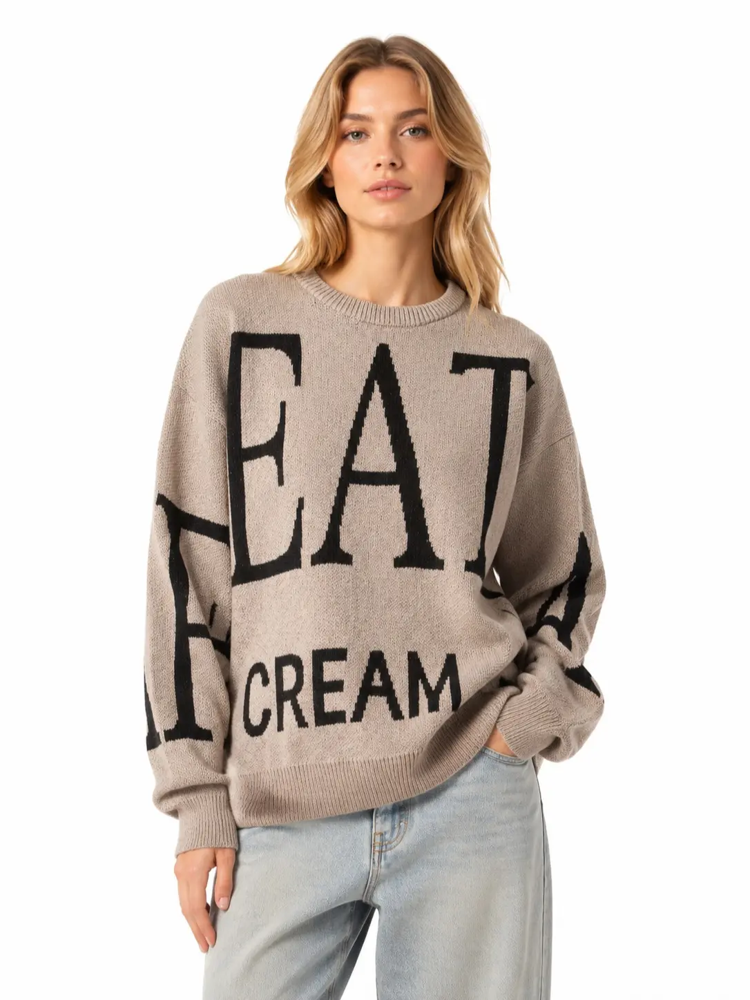 Women Crew Neck Big Bold EAT CREAM Letter Print Knit Sweater Loose Fit Vintage Text Graphic Pullover Soft Casual Streetwear Warm Fall Layering Knit Top