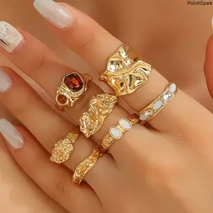7 Piece Irregular Lava Textured Stackable Ring Set for Women – Y2K Chunky Rings, Vintage Amber Stone & White Enamel, Adjustable Open Rings, Fashion Jewelry, 2 Colors Available