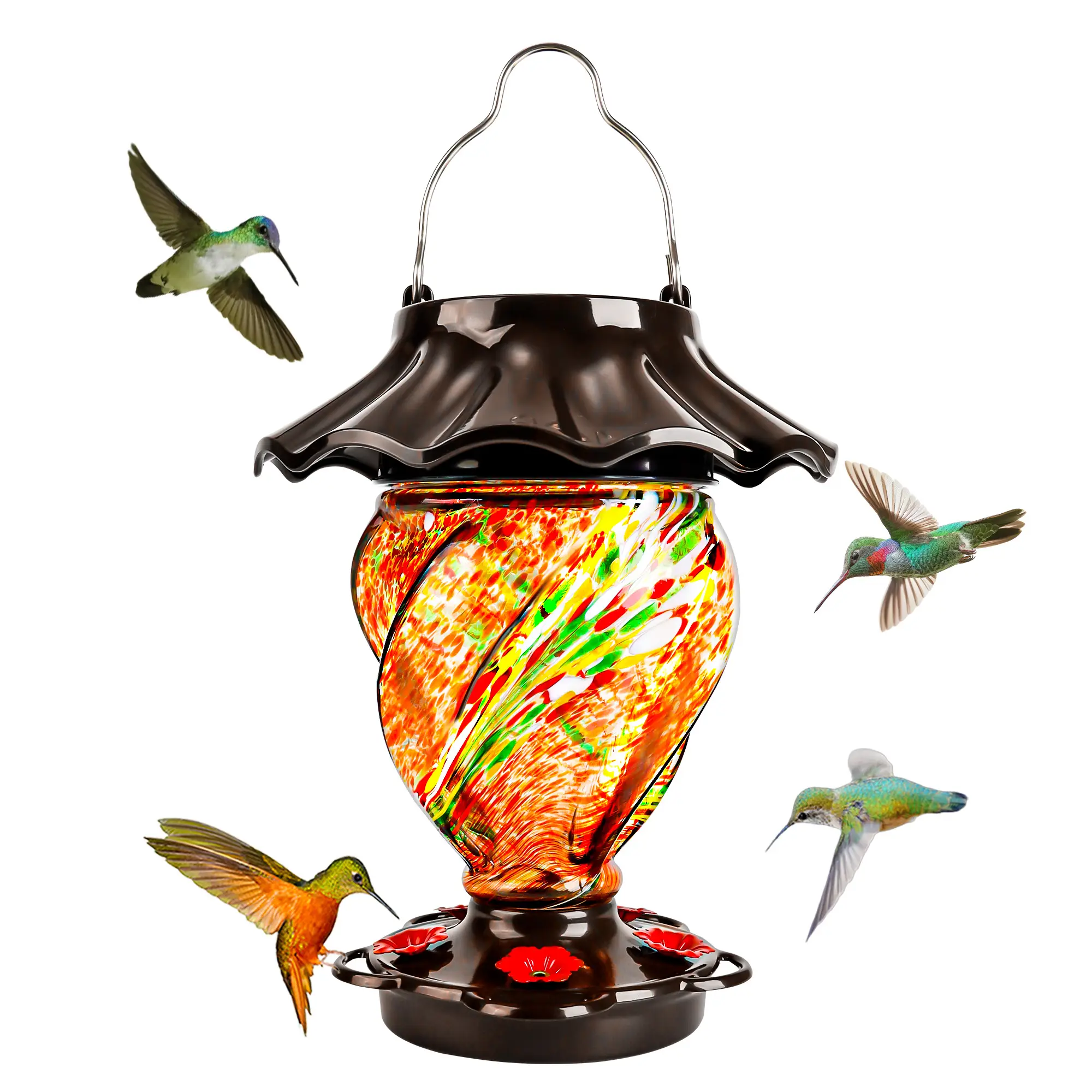 LUJII Solar Hummingbird Feeder for Outdoors Hanging with Color Changing, Hand Blown Glass, 35 fl.oz, Never Leak, Lighted Lantern for Garden Decoration