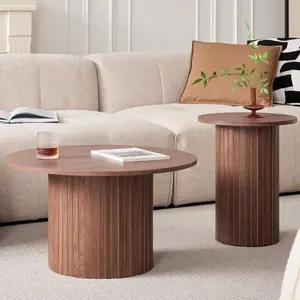 Round Nesting Coffee  Set Of 2, Boho Wood Circle Side  Fluted Drum, Farmhouse End  For Living Room Bedroom, Apartment Table Mobile Standing Desk with Wheels
