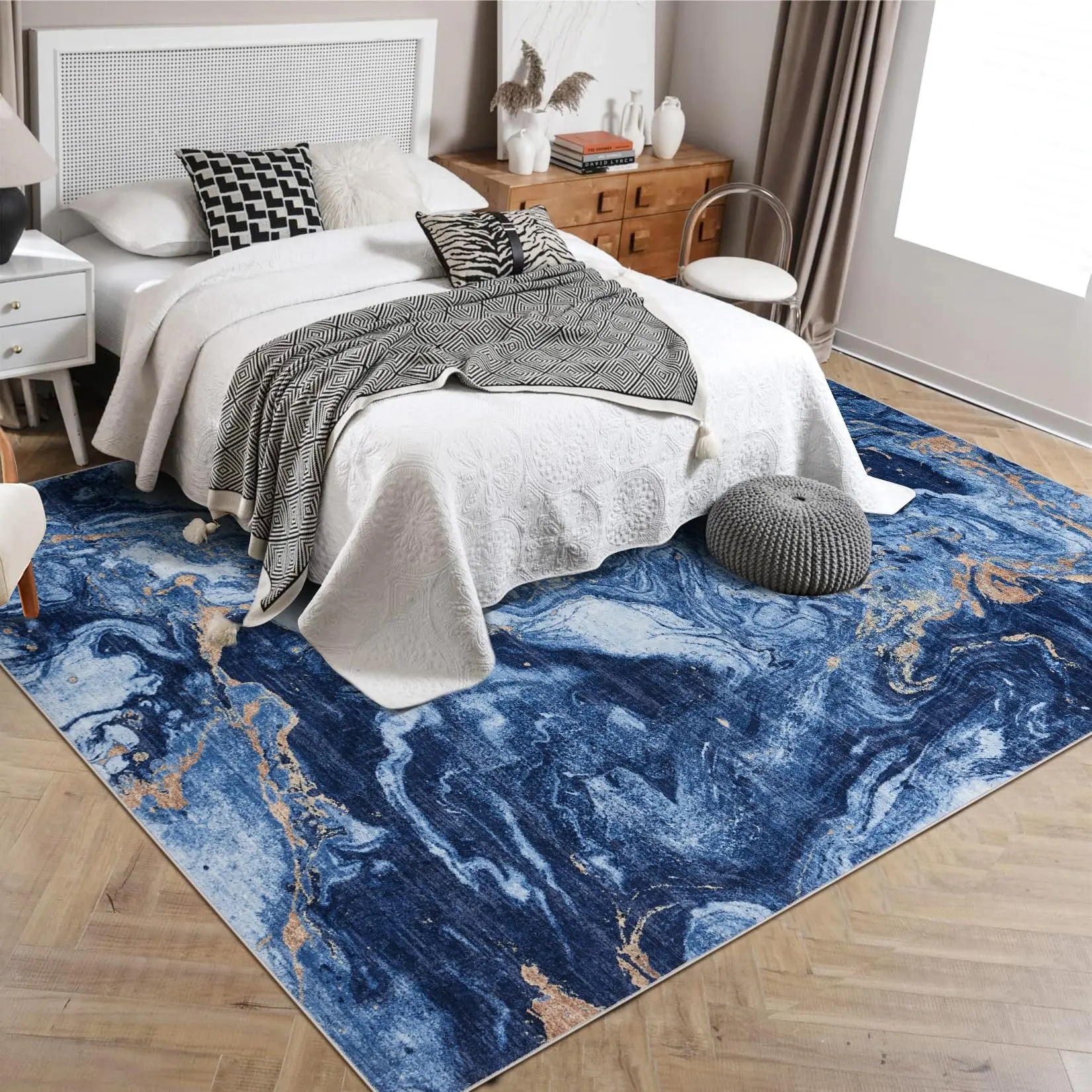 GARVEE 9'x12' Area Rug - Soft, Modern Abstract Boho Design, Washable, Large Machine-Made, Non-Slip Faux Wool Carpet for Living Room, Bedroom, Dining Room, Kids Room in Blue
