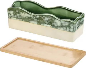 Rectangular Succulent Planter - Decorative Beige and Green Ceramic Glazed  Container Pot with Removable  Tray
