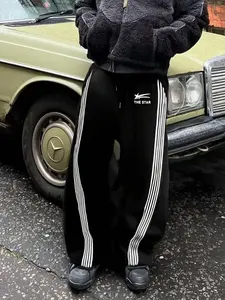 Men's Casual Streetwear Straight Leg Pants, Striped Print, Star Print, Unisex, Essential for Outdoor, Fitted Sportswear, Spring & Fall