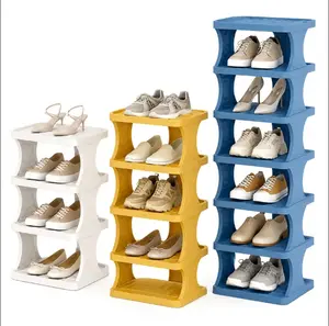 Vertical Shoe Rack 3/4/6 Tier, Narrow Free Standing Shoe Organizer for Closet, Entryway & Bedroom, Tall Plastic Narrow Shoe Rack for Small Spaces, Stackable Shoe Organizer & Easy to Assemble (White/Yellow/Blue)