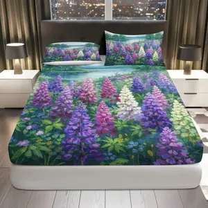 3Pcs Floral Botanical Nature Fitted Sheet Three Piece Set (1*Fitted Sheet+2*Pillowcases, Coreless), Spring theme, Garden Meadow Bedding Set, Mattress protector Soft, Breathable